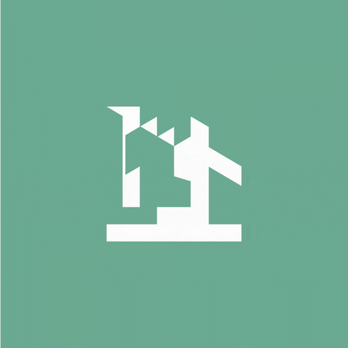 Abstract illustration representing project development with geometric building shapes on a muted green background